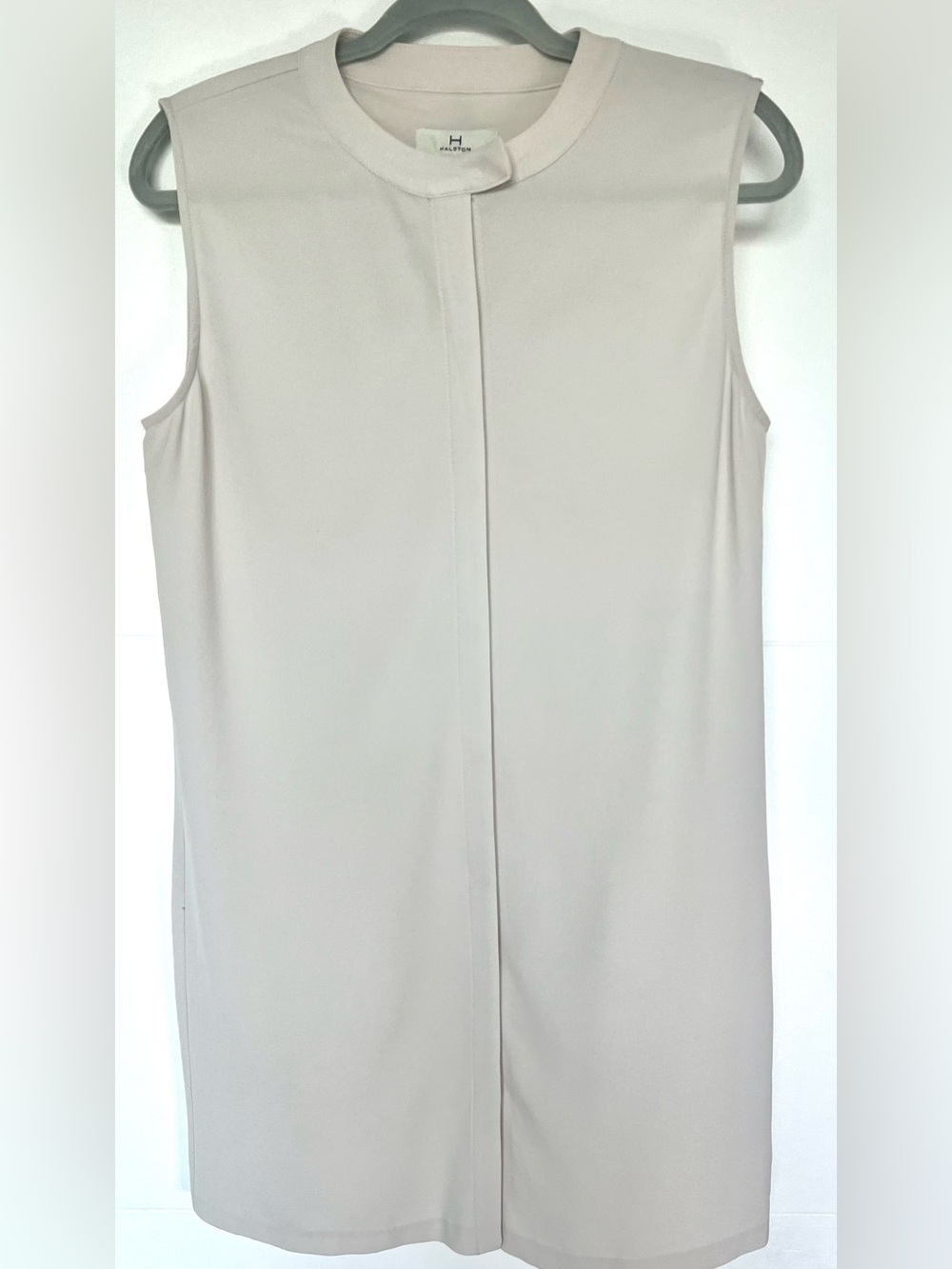 Halston Light Beige Sleeveless Shift Shirt Dress Mandarin Collar - Size M